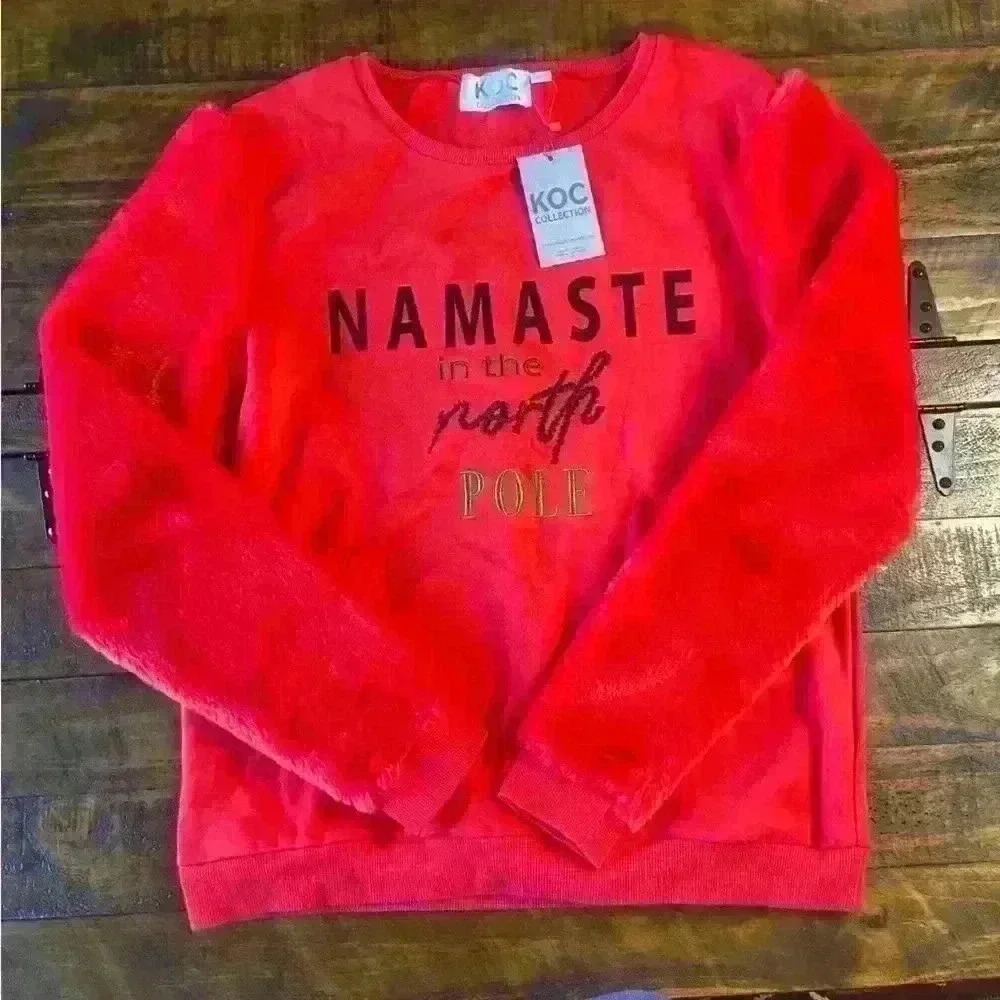 Red KOC Faux Fur Sleeved Top, Soft Sweatshirt, Christmas, Namaste in the N Pole